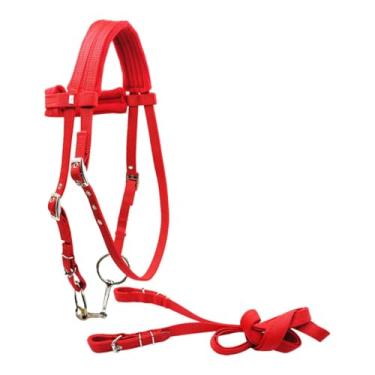 Imagem de rockible Freio de cavalo com rédeas, corda de equitação, sela sintética, resistente, tração lateral, equipamento equestre, S Red