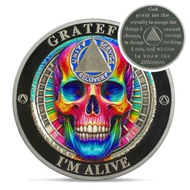 Imagem de Moeda original de sobriedade de caveira arco-íris - Grateful I'm Alive AA Coins - Recuperação NA HA AA Chips and Medalhões - Serenity Prayer Living Clean Narcóticos Alcoólicos Anônimos Presentes para