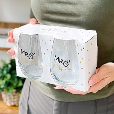 Imagem de Kate Aspen Mr & Mrs 425.2 g Taça de vinho sem haste - Coração (conjunto de 2) Presente de casamento (30023NA-MMH)