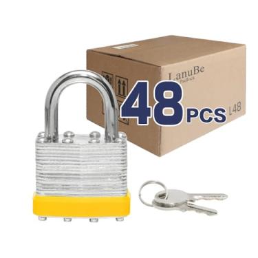 Imagem de LanuBe Cadeado com chave laminada (1-9/40.6 cm, 40 mm), fechaduras semelhantes com chave, manilha normal, aro de plástico amarelo marcado, pacote com 48