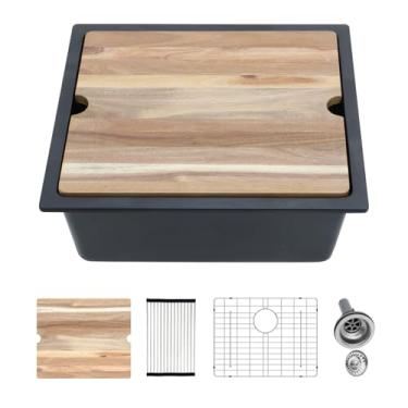 Imagem de Kichae Pia de barra de montagem inferior preta - 53,3 x 45,7 cm de granito composto preto para preparação de pia de cozinha