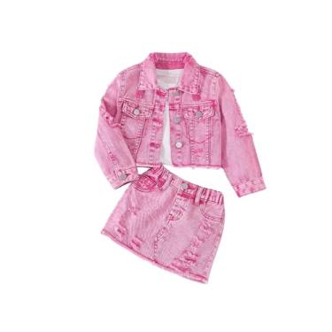 Imagem de WDIRARA Conjunto de 2 peças de jaqueta jeans de manga comprida e mini saias com botão rasgado na frente, rosa, 4Y