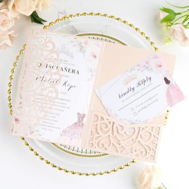 Imagem de AdasBridal 50 peças de convites cortados a laser rosa com envelopes e cartões Rsvp personalizados para casamento, aniversário de 15 anos e outras ocasiões