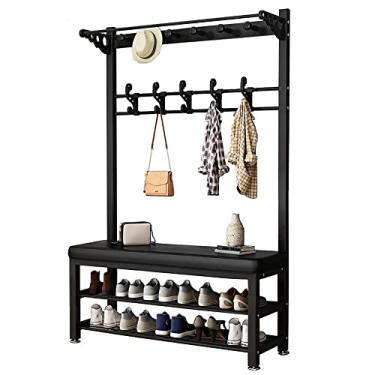 Imagem de Cabide para cabide de cabide 3 em 1 com banco de sapatos, 182 cm com banco de armazenamento, organizador de prateleira de armazenamento de entrada com 9 ganchos