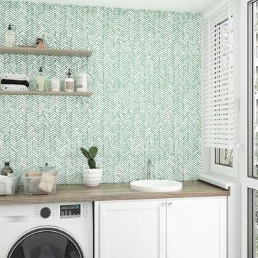 Imagem de HotDecor Papel de parede verde espinha de peixe descasque e cole papel de parede geométrico moderno papel de parede listrado para paredes prateleiras papel de parede verde e branco para quarto de