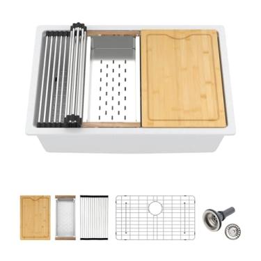 Imagem de Lofeyo Pia de cozinha com montagem inferior branca 83,8 cm x 48,3 cm para estação de trabalho de granito pequena pia de granito de quartzo moderno sob a borda do balcão tigela única pia de cozinha pia