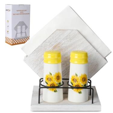 Imagem de Porta-guardanapos para mesa - Suporte de guardanapo de madeira HAPPY KIT com 2 saleiros e pimenteiros girassol em pé armazenamento de guardanapos de papel para decoração de mesa de jantar de cozinha