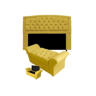 Imagem de Kit Cabeceira Geovana Com Baú Veneza Queen 160 cm Suede Amarelo - INCA