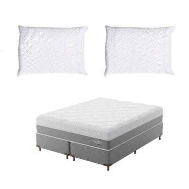 Imagem de Cama Box Queen com Colchão Sublime Mola Ensacada e Espuma Viscoelástica (32x158x198) Cinza e Branco com 2 Travesseiros Guldi Soft Nasa Branco