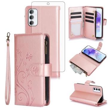 Imagem de Asuwish Capa de celular para Samsung Galaxy A55 5G carteira celular com protetor de tela de vidro temperado alça de pulso flor flip zíper porta-cartão slot suporte A 55 55A A555G mulheres meninas ouro