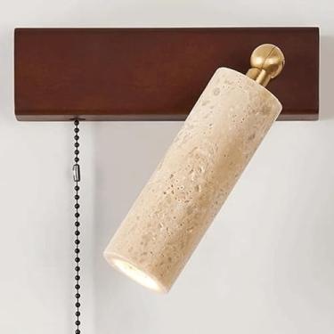 Imagem de Luminária de parede LED vintage de meados do século com pedras naturais em nogueira, fonte de luz criativa, interruptor com zíper, luminária de cabeceira para cozinha, corredor, estudo, esca