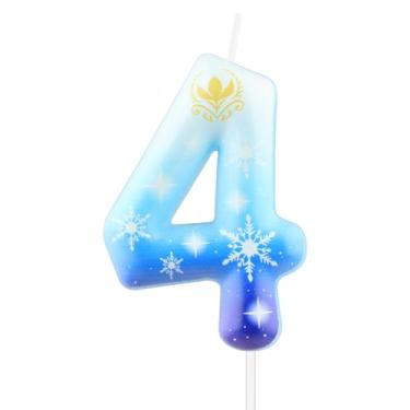Imagem de iNINGER Velas de aniversário com tema de neve congelada, azul e branco, número 4 velas, floco de neve, 4ª velas, para princesa, rainha, crianças, adultos, artigos de festa de aniversário de casamento