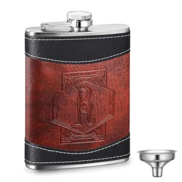 Imagem de Baderke Cantil personalizado de padrinhos de 236 ml de aço inoxidável monograma garrafa anca para homens couro presente de aniversário de Natal para pai vovô casamento (letra R)