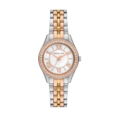 Imagem de Michael Kors Relógio feminino Harlowe com três ponteiros prata, ouro e ouro rosa em aço inoxidável triplo (modelo: MK4846), Tritons, Harlowe