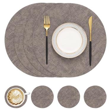 Imagem de homing Jogo americano redondo de couro sintético e porta-copos conjunto com 4 - tapetes laváveis e resistentes ao calor, tapetes de mesa dupla face limpáveis para ambientes internos e externos