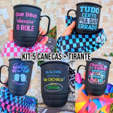 Imagem de Kit 5 Canecas de Aluminio + Tirante Personalizados - Festeiros, Preto,