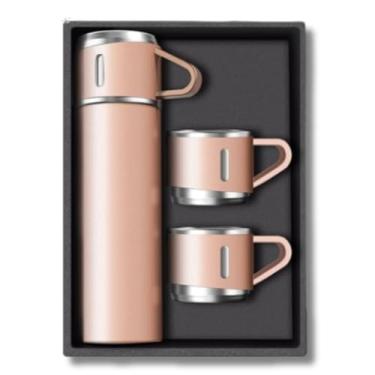 Imagem de Conjunto de Garrafa Térmica 500ml com 3 Canecas em Inox, para Bebidas Quentes e Frias, (ROSA)