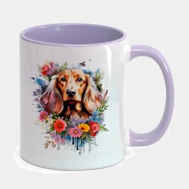 Imagem de Caneca Porcelana Branca Alça e Interior Roxa 325ml - DACHSHUND MARROM FLORES