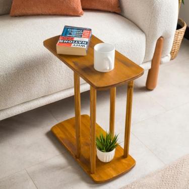 Imagem de FURNIREM Mesa de canto de madeira maciça em forma de C, mesa lateral para sofás, mesas de sofá deslizam sob o sofá para sala de estar, bandeja de TV sobre sofá, mesa para pequenos espaços, estilo