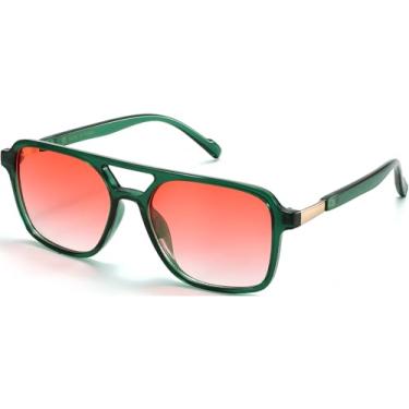 Imagem de YUNKRK Óculos de sol aviador retrô para mulheres e homens, vintage, quadrado, piloto, óculos de sol modernos, Armação verde + lente gradiente rosa