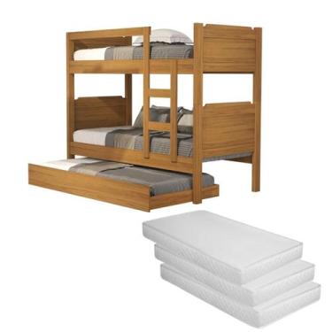 Imagem de Conjunto Para Quarto Solteiro Com Beliche Cama Auxiliar MDF 3 Colchões