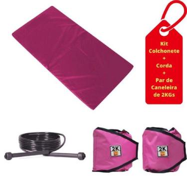 Imagem de Kit Colchonete Rosa+Par de Caneleira De Peso 2kgs Rosa+Corda - 1 Fit