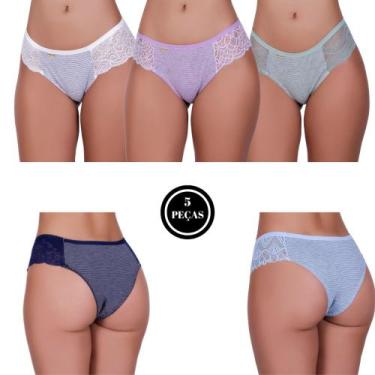 Imagem de Kit 5 Calcinha de Algodao Feminino Tanga Conforto Renda Listrada - c2 