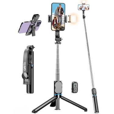 Imagem de Tripé para selfie de 42" com luz de preenchimento Suporte extensível para telefone Tripé de viagem para selfie stick tudo-em-1 com controlo remoto amovível e suporte para telefone