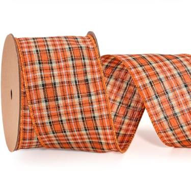 Imagem de LaRibbons Fita xadrez de serapilheira de outono com arame, 6 cm x 10 metros, fita xadrez laranja outono para guirlanda de outono, ação de graças, Halloween, presente, decoração de casa