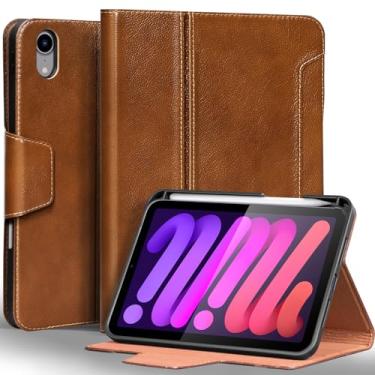 Imagem de Gexmil Capa de couro premium para iPad mini 7 (A17 Pro) 2024 / iPad mini 6 geração 2021 8,3 polegadas, suporte para lápis, fecho magnético, capa de couro bovino à prova de choque, suporte ajustável