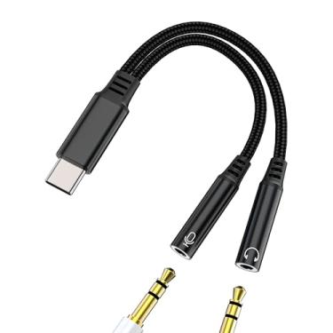 Imagem de USB C para conector de microfone de fone de ouvido duplo de 3,5 mm (2 em 1) para iPhone 16 15 adaptador de cabo auxiliar para fone de ouvido Apple compatível com Samsung S25 tipo C conversor de áudio