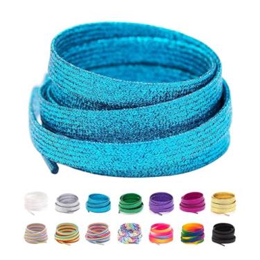 Imagem de Cadarços de tênis coloridos planos 78,7-180,3 cm, cadarço gradiente arco-íris, Azul com glitter, 55inch (140cm)