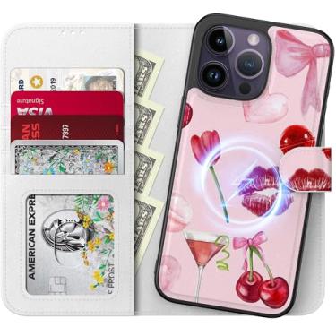 Imagem de FUNMIKO Capa carteira destacável para iPhone 14 Pro Max com 4 porta-cartões + 1 clipe para dinheiro, suporte flip de couro PU, bloqueio RFID, carregamento sem fio e arte impressa em UV - elementos