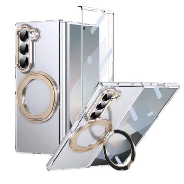 Imagem de YQODSZ Capa para Samsung Galaxy Z Fold 6 com suporte de anel giratório, capa magnética Z Fold6 com protetor de tela, carregamento sem fio, protetor de câmera, capa de policarbonato transparente para Z
