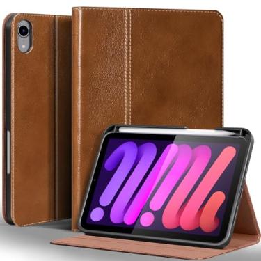 Imagem de Gexmil Capa de couro para iPad mini 7 (A17 Pro) 2024 / iPad mini 6 geração 2021 8,3 polegadas, capa de couro de vaca premium com suporte para lápis, suporte ajustável, despertar/hibernar