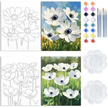 Imagem de WEBEEDY Pacote com 2 kit de lona esticada de flor de vento para adultos, tela pré-impressa de anêmona de 20 x 25 cm para casais, encontro à noite, pintura faça você mesmo, lembrancinha de festa,