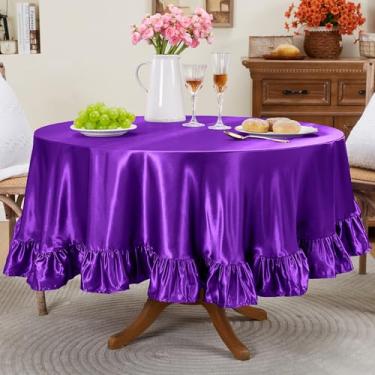 Imagem de Entisn Toalha de mesa redonda com babados de 177 cm, capa de mesa de cetim roxo inclui acabamento de 12 cm para mesa de 50 a 122 cm, lavável e resistente a amassados, decoração sedosa para banquete