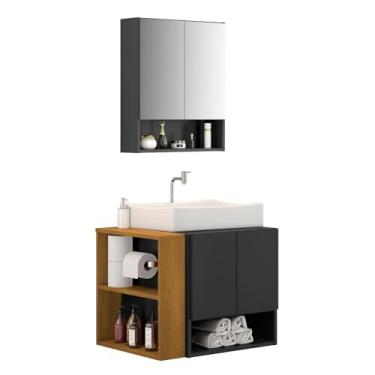 Imagem de Gabinete Troia com Espelheira Cuba Dalla Branca e Papeleira Preto Fosco/naturale