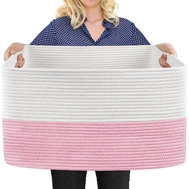 Imagem de MEGASKET 3GG Cesta de armazenamento rosa, 60 cm x 39,9 cm x 35,8 cm, cesta retangular de corda de algodão, cesta extra grande, cestos de cesta de brinquedos infantis, cesta de vime, cesta decorativa presente para armazenamento de berçário
