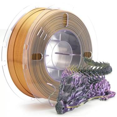 Imagem de VOXELAB Filamento de impressora 3D PLA Tri-Colors 1,75 mm, filamento arco-íris de coextrusão com PLA de seda, filamento de impressão 3D +/-0,02 mm, 1 kg/2,2 lbs (roxo, dourado e preto)