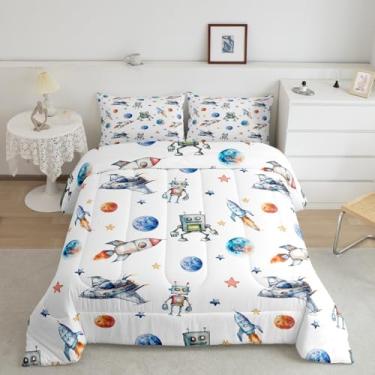 Imagem de Conjunto de edredom fofo de robôs, tamanho casal, foguete e planeta, aquarela, estrelas, aeronaves, decoração de quarto de meninos, meninas, adolescentes, desenho animado, universo, galáxia, branco, 2