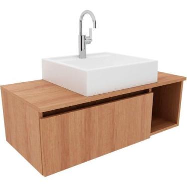 Imagem de Gabinete De Banheiro 80 Cm Com Cuba 1 Porta E Nicho Amêndoa - TECNOMÓB