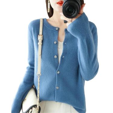 Imagem de Mulheres O-neck Cashmere Cardigan Suéter Sólido Cashmere Cardigan De Malha, Haze Blue, S