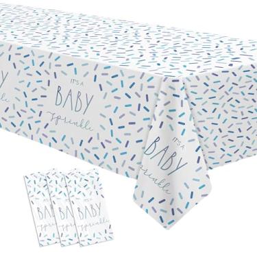 Imagem de Owelleny Sprinkle Toalha de mesa para chá de bebê para meninos, pacote com 3 itens descartáveis de confetes azuis It's A Baby Sprinkle Party Tablecover, 218,4 cm x 139,7 cm