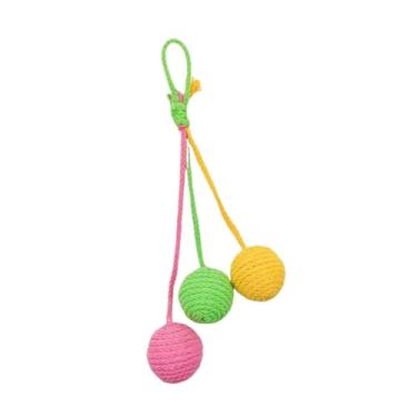 Imagem de Generic Bola de sisal para gatos, brinquedo interativo para brincar, proteção, exercício para gatos internos, arranhador pendurado para gatinhos, Rosa Amarelo Verde