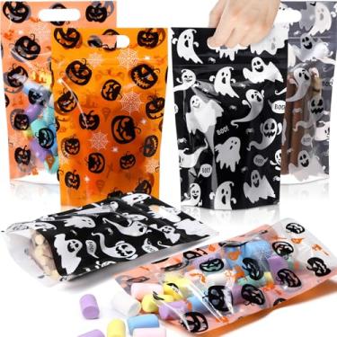 Imagem de Gersoniel 48 peças de sacos de presente de celofane de Halloween saco de presente de plástico resselável de abóbora fantasma doces sacos com alças para lembrancinhas de festa de doces ou doces