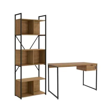 Imagem de Escritório Completo Industrial 3 Peças (1 Escrivaninha + 1 Estante + 1 Complemento) Freijo/Preto - Kappesberg