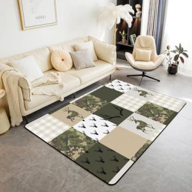 Imagem de Tapete de área camuflado para meninos 3 x 5, chifre de veado tapete antiderrapante, tapete de patchwork geométrico quadriculado para crianças adolescentes, tema de animais selvagens tapete decorativo para sala de estar, verde