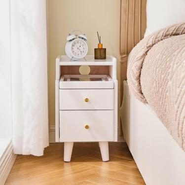 Imagem de Mesa de cabeceira moderna de madeira estreita de meados do século – mesa de cabeceira branca de madeira maciça com 2 gavetas, mesa lateral pequena e alta com armazenamento para sala de estar, quarto