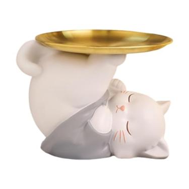 Imagem de Wswqop Estátua de gato de resina com bandeja, escultura animal, porta-chaves, bandeja para mesa de jantar